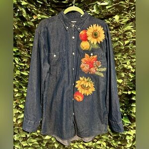 Rustler Handpainted Floral Denim Jean Shirt Fall Harvest Women’s Medium